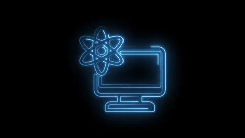 Glowing blue neon atom icon superimposed on a computer monitor outline Stock Footage 333952946