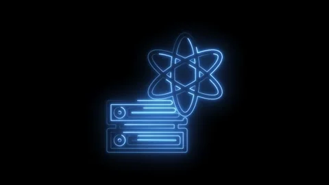 Glowing blue neon atom symbol hovering over stacked server racks abstract Stock Footage 333952966