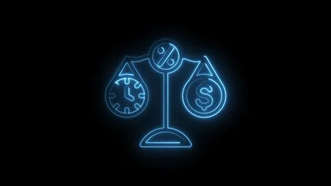 Glowing blue neon balance scale icon comparing time and money with percentage Video stock 333953443