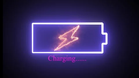 Glowing blue neon battery icon with lightning bolt on a black background. L.. Stock Footage 294226954