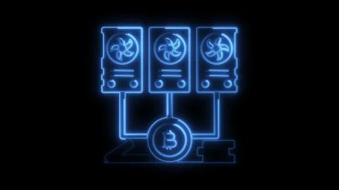 Glowing blue neon bitcoin mining rig icon with three fans and abstract shap.. Stock Footage 314709609
