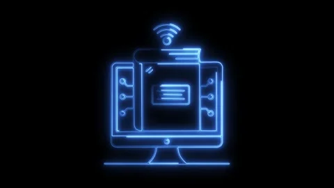 Glowing blue neon book icon on computer screen with wifi signal symbol repr.. Stock Footage 314710017