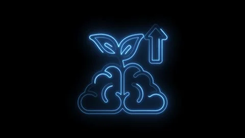 Glowing blue neon brain with growing plant and upward arrow abstract concept of Stock Footage 333970085