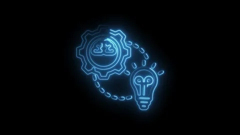Glowing blue neon brain inside gear connected to lightbulb symbolizing Stock Footage 333955828