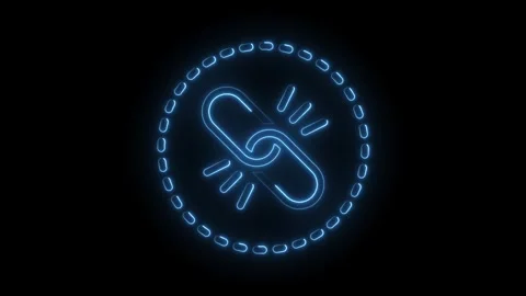 Glowing blue neon broken chain link icon with dashed circle border on black.. Stock Footage 314557050
