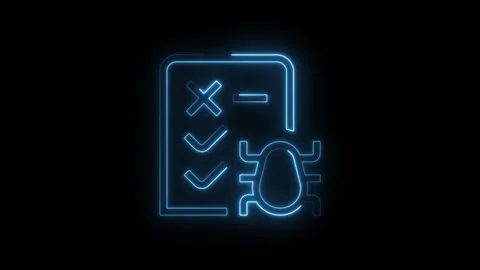 Glowing blue neon bug icon on checklist with checkmarks and cross symbol is.. Stock Footage 314552694