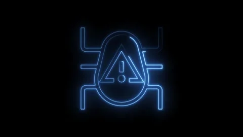 Glowing blue neon bug icon with warning triangle alert symbol on black back.. Stock Footage 314552725