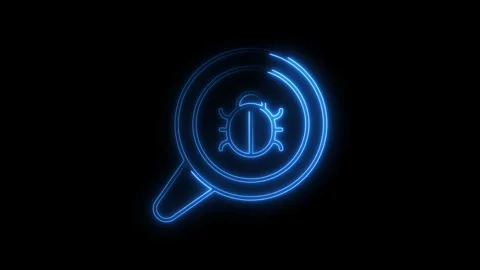 Glowing blue neon bug icon inside magnifying glass symbol on transparent bl.. Stock Footage 314701870