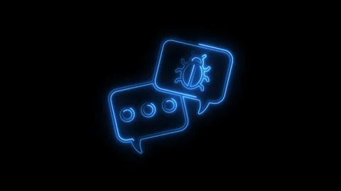 Glowing blue neon bug icon within chat bubble symbol on black background re.. Stock Footage 314701983