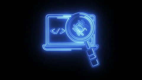 Glowing blue neon bug icon with magnifying glass on laptop screen code symb.. Stock Footage 314712912