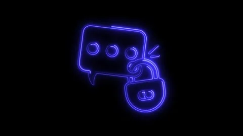 Glowing blue neon chat bubble and unlocked padlock icon symbolizing secure .. Video stock 314702103