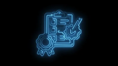 Glowing blue neon checklist clipboard with checkmark pencil and ribbon symb.. Stock Footage 346013909