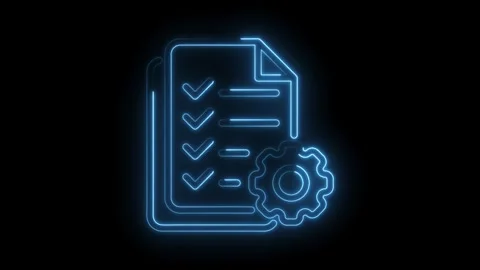 Glowing blue neon checklist icon with gear symbol representing task complet.. Stock Footage 314557219