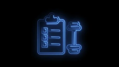 Glowing blue neon checklist icon with dumbbell symbol isolated on black bac.. Stock Footage 314573388
