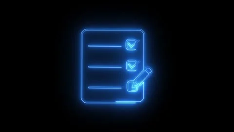 Glowing blue neon checklist icon with a pencil Video stock 345199406