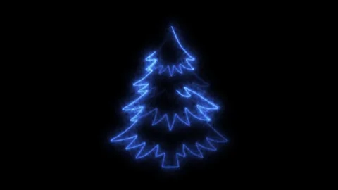 Glowing blue neon christmas tree icon on black background Video stock 345199425