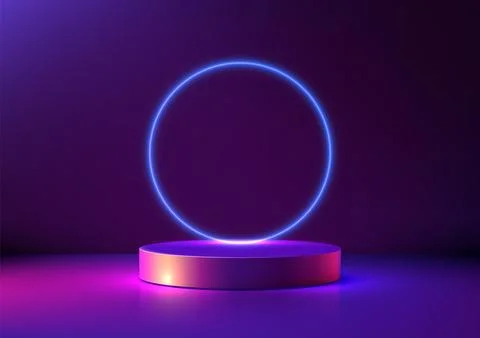 Glowing blue neon circle on 3d podium, modern technology concept, product d.. Stock Illustration