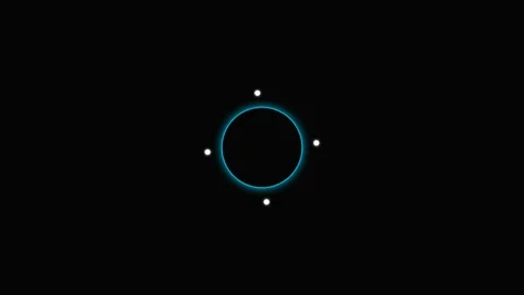 A glowing blue neon circle frame surrounded by four small white dots in dark Stock-Footage 339615203