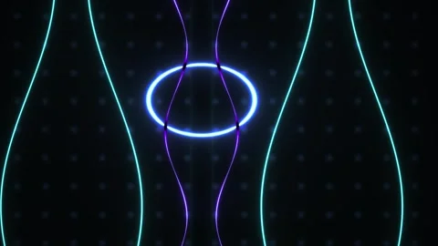 Glowing blue neon circle with intersecting lines on dark background. Stock Footage 336695846