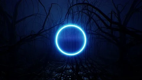 Glowing Blue Neon Circle Light In The Dark Forest 4K Stock Footage 159651502