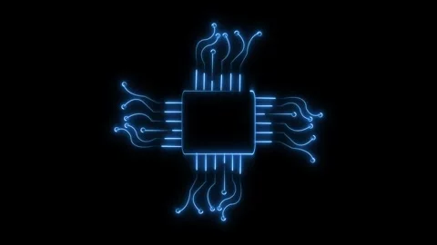 Glowing Blue Neon Circuit Board Chip on a animated Black Background process.. Stock Footage 337363096
