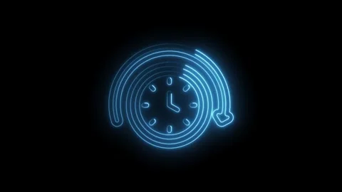 Glowing blue neon clock icon spiral rewind history time travel concept abstract Stock Footage 333963973