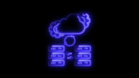 Glowing blue neon cloud computing data transfer icon with gears and server .. Stock Footage 314708806