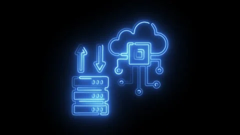 Glowing blue neon cloud computing data transfer server icon with upload dow.. Stock Footage 314712821