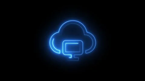 Glowing blue neon cloud computing icon on black background Stock Footage 345901692