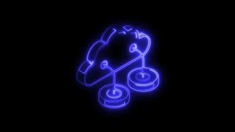 Glowing blue neon cloud data storage icon animation isolated on black backg.. Video stock 314702715