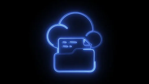 Glowing blue neon cloud folder icon with document symbol futuristic technol.. Video stock 314713649