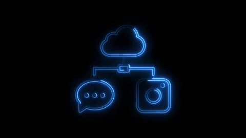 Glowing blue neon cloud icon connected to chat bubble and Instagram logo sy.. Stock Footage 314708182