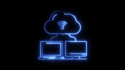 Glowing blue neon cloud icon connected to laptop and desktop computer symbo.. Stock Footage 314710972