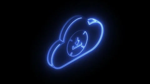 Glowing blue neon cloud icon with download symbol inside isolated on black .. Stock Footage 314711266