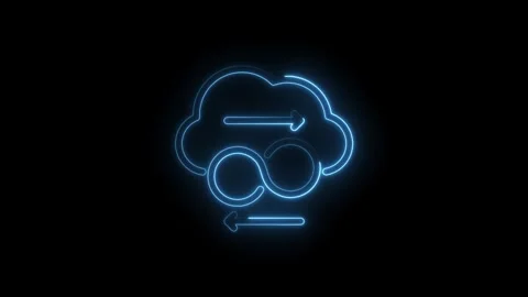 Glowing blue neon cloud icon with infinity symbol and arrows representing data Stock Footage 333961947