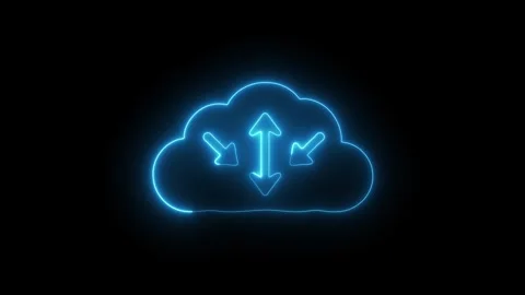 Glowing blue neon cloud icon with arrows, data transfer, cloud computing Stock Footage 335763587