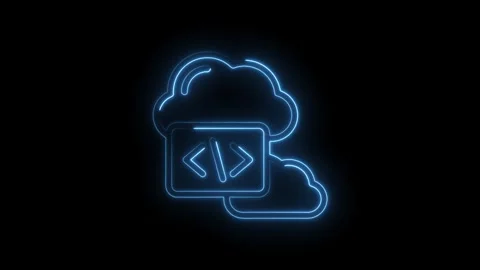 Glowing blue neon cloud icon with code symbols inside representing cloud co.. Stock Footage 346827318