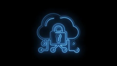 Glowing blue neon cloud security icon with padlock and circuit board connec.. Stock Footage 346138964