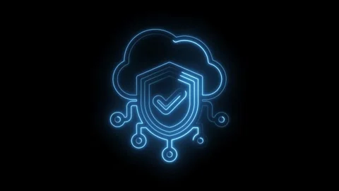 Glowing blue neon cloud shield with checkmark symbol connected by digital c.. Stock Footage 346014164