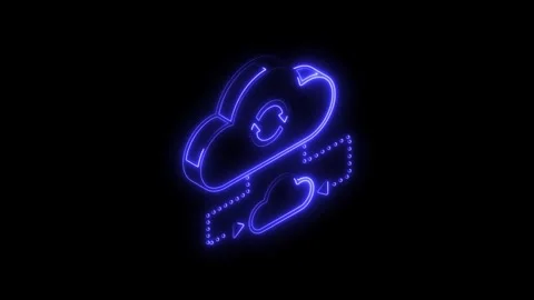 Glowing blue neon cloud sync icon with circular arrows and data transfer an.. Video stock 314702682