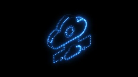 Glowing blue neon cloud sync icon with circular arrows and data transfer an.. Video stock 314702691