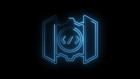 Glowing blue neon code brackets inside a stylized gear and abstract geometr.. Stock Footage 346014033
