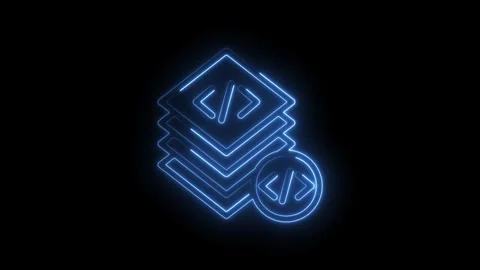 Glowing blue neon code brackets stack icon animation digital technology con.. Stockbeeldmateriaal 346826077
