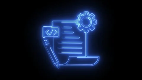 Glowing blue neon code document with pencil and gear icon on black backgrou.. Stock Footage 314712971