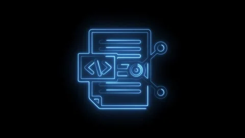 Glowing blue neon code document icon with data connection nodes symbolizing.. Stockbeeldmateriaal 346826515