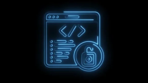 Glowing blue neon code icon with unlocked padlock symbol on transparent bla.. Stock Footage 314559244