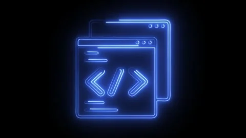 Glowing blue neon code icon symbolizing programming software development an.. Stock Footage 314712949