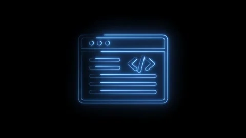 Glowing blue neon code window interface with programming symbols and data l.. 動画素材 346827059