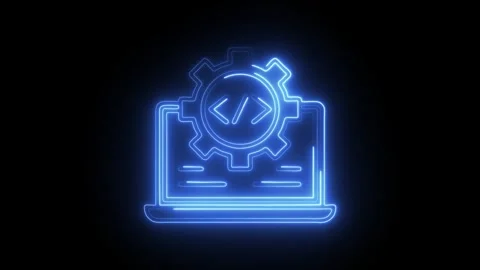 Glowing blue neon coding icon on laptop screen with gear symbol and code br.. Stock Footage 314712981