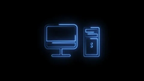 Glowing blue neon computer desktop icon with monitor and tower on black bac.. Stock Footage 315495761